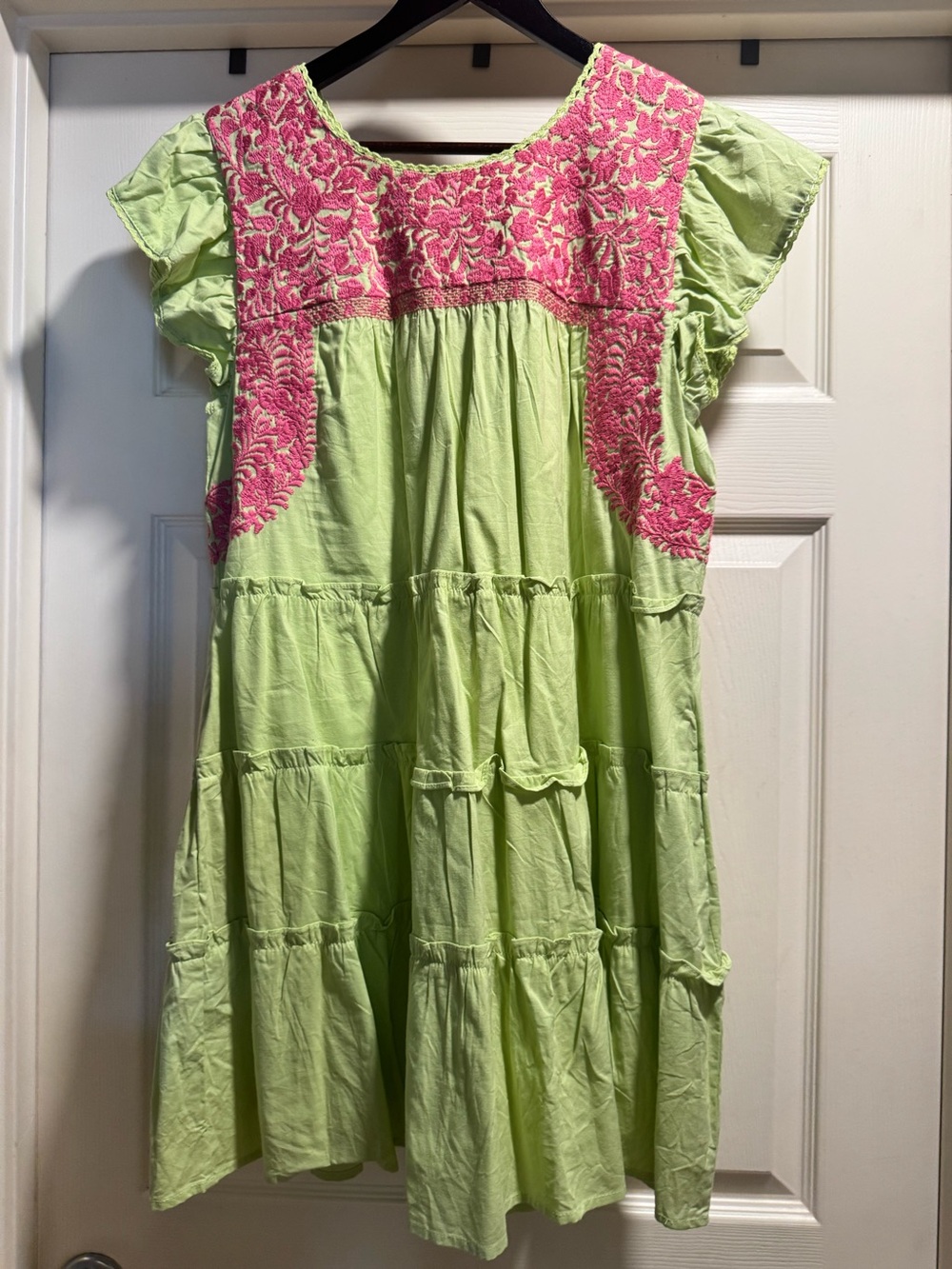 J.Marie Lime Green Dress with Pink Embroidered Yoke Size Medium - Picture 5 of 6